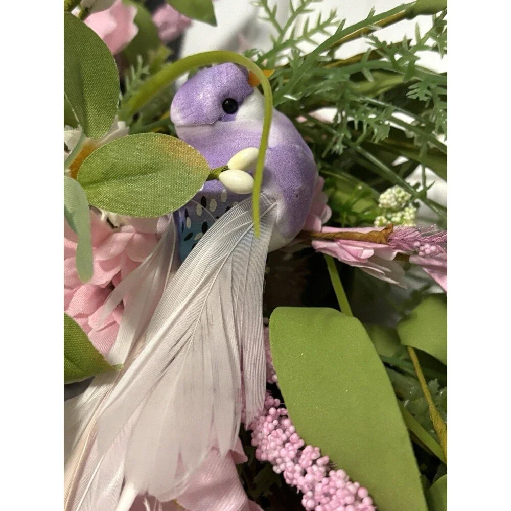 Pink Daisy Spring Summer Farmhouse 12 Inch Wreath Birds Butterflies Chic Easter